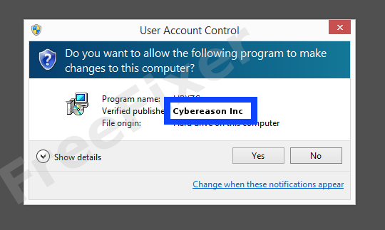 Screenshot where Cybereason Inc appears as the verified publisher in the UAC dialog
